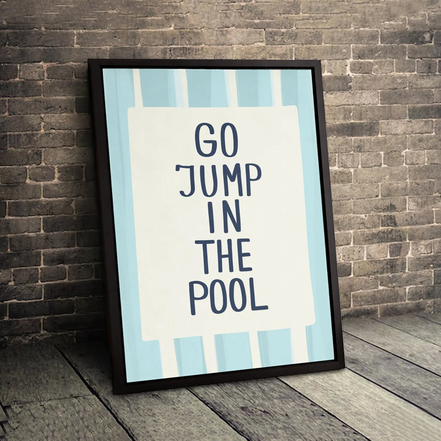 Go Jump In The Pool Canvas Art | Blue Striped Coastal Typography Print | 1.25 Inch Premium Gallery Wrap | Summer Home Decor Gift