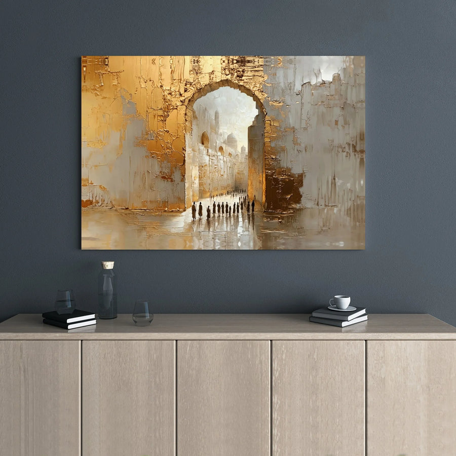 Abstract Gold Archway Canvas Print | Textured Mediterranean Cityscape Art | Premium Gallery-Wrapped Wood Frame | Elegant Home Decor Wall Art