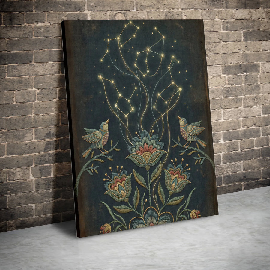 Celestial Constellations Wall Art | Folk Art Botanical Birds Canvas | Premium Gallery-Wrapped Print | Whimsical Nature Home Decor Gift