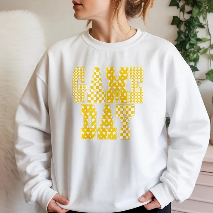 Game Day Sweatshirt | Retro Yellow Checkered Star Graphic | Cozy Cotton Blend | Gift for Football Mom, Preppy Tailgate Apparel