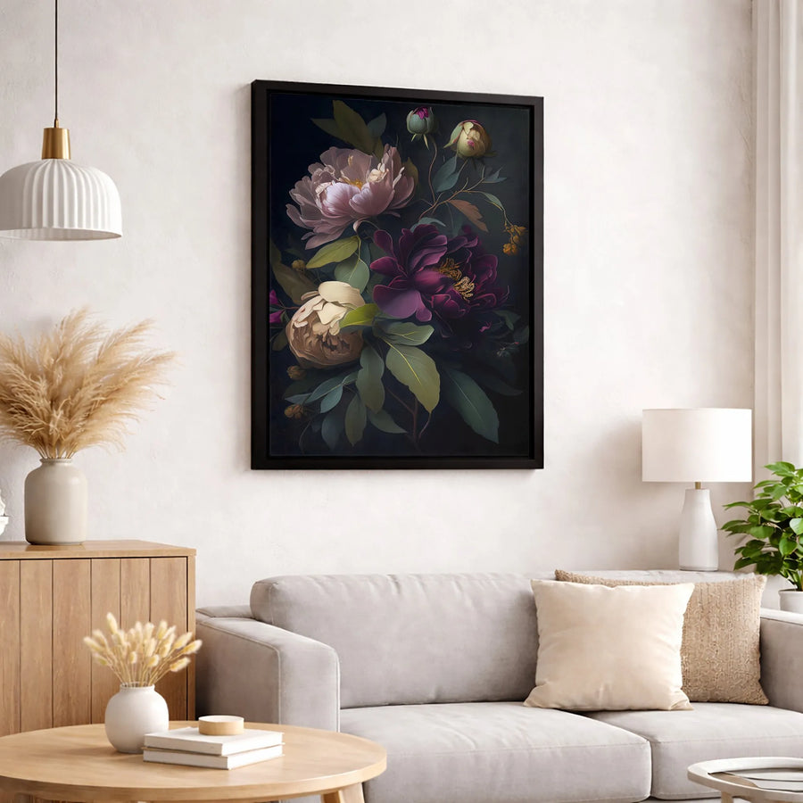 Dark Floral Canvas Wall Art | Moody Peony Bouquet Print | Premium 1.25" Gallery Wrap | Botanical Home Decor for Living Room Gift