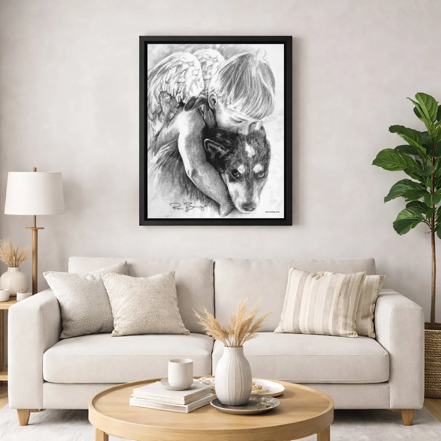 Angel Child Hugging Dog Canvas Wall Art | Emotional Pencil Sketch Illustration | Premium Fade-Resistant Print | Sympathy Gift for Pet Lovers