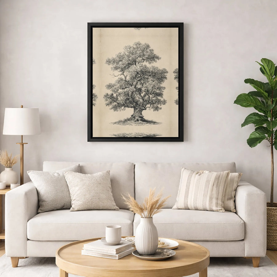 Vintage Oak Tree Sketch Canvas Print | Detailed Botanical Illustration Wall Art | Premium Gallery-Wrapped Gallery Quality | Farmhouse Home Decor Gift