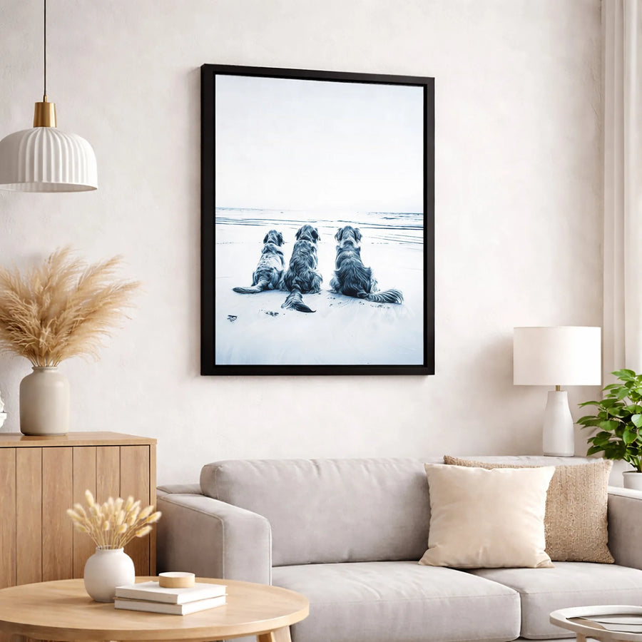 Three Dogs At The Beach Canvas Wall Art | Coastal Ocean Landscape Print | Premium Fade-Resistant Gallery Wrap | Dog Lover Home Decor Gift