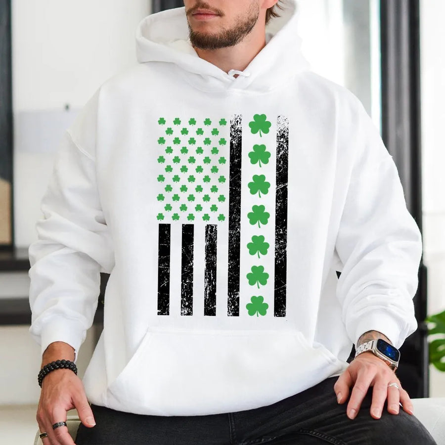 St. Patrick’s Day Irish American Flag Hoodie | Distressed Shamrock Graphic | Premium Cotton-Poly Blend | Unisex Lucky Gift for Men and Women