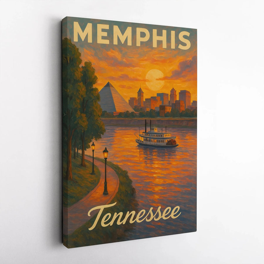 Memphis Tennessee Art Print | Vintage Riverboat & Pyramid Sunset Poster | Gallery-Quality Canvas Wall Decor | Travel Gift for Tennessee Lovers