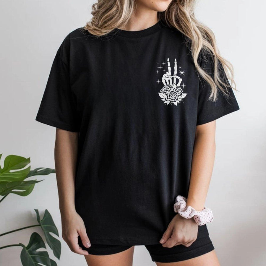 Skeleton Hand Peace Sign T-Shirt | Floral Gothic Aesthetic Graphic | Soft Cotton Premium Quality | Witchy Alt Gift For Women And Men