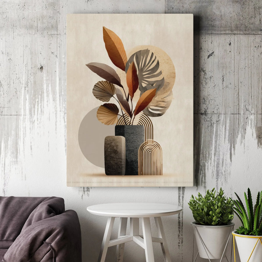 Boho Botanical Canvas Wall Art | Abstract Neutral Leaf Print with Geometric Arch | Premium 1.25 Inch Gallery Wrap | Modern Minimalist Home Decor Gift