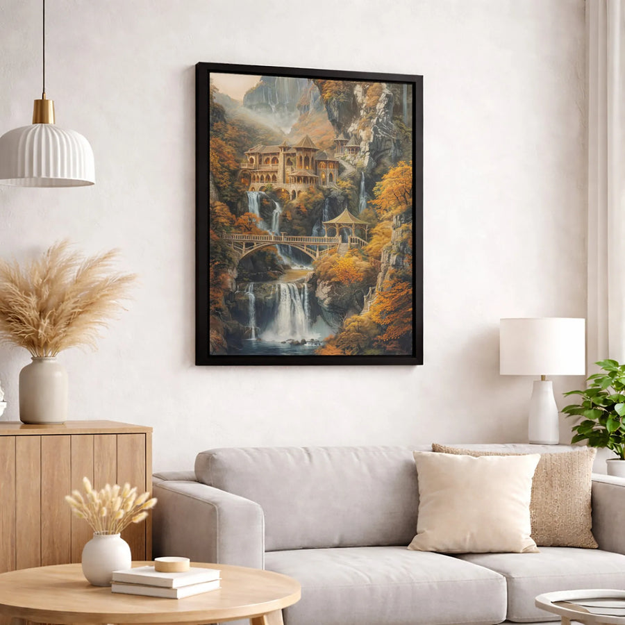 Fantasy Elven Castle Canvas Wall Art | Autumn Waterfall Landscape Print | Gallery-Quality 1.25 Inch Profile | Whimsical Nature Home Decor Gift