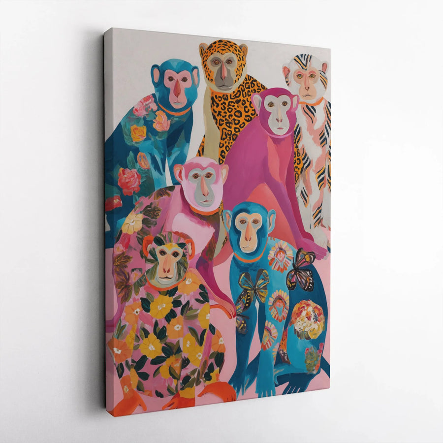 Colorful Monkey Family Vertical Canvas | Vibrant Animal Portrait with Floral & Leopard Patterns | Premium Quality Wall Art | Eclectic Home Decor Gift