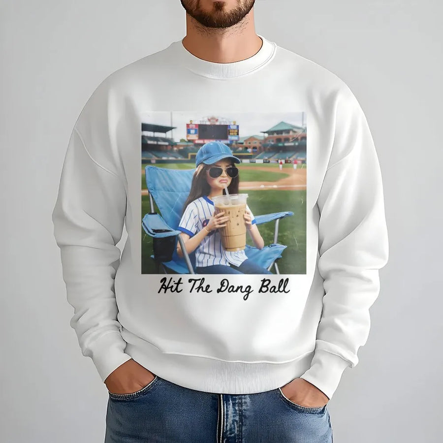 Funny Baseball Mom Sweatshirt | Hit The Dang Ball Graphic Tee with Doll Drinking Coffee | Soft Cotton Game Day Apparel | Gift For Softball Mama