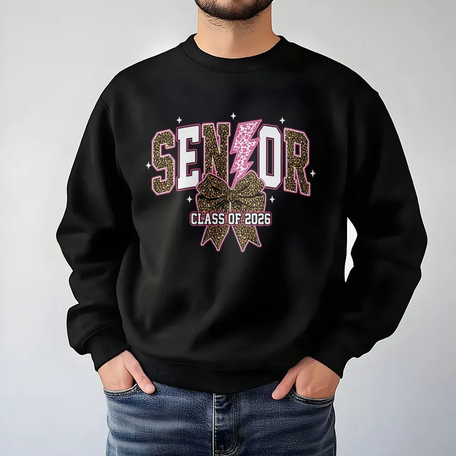 Senior 2026 Sweatshirt | Leopard Print Bow & Lightning Bolt Graphic | Premium Cotton Blend | Graduation Gift for High School Seniors
