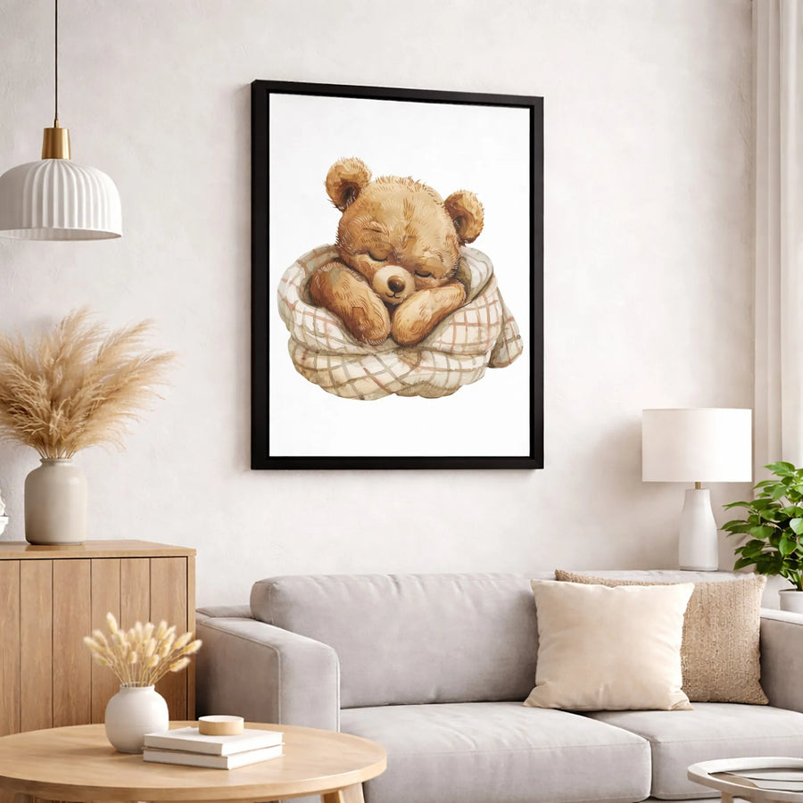 Sleeping Teddy Bear Wall Art | Watercolor Baby Animal Nursery Decor | Premium Gallery Wrap Canvas | Cute Woodland Bedroom Gift
