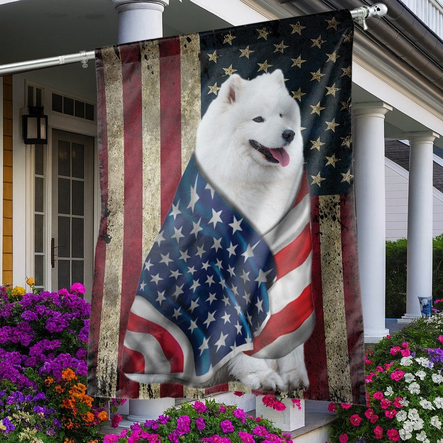 Samoyed Garden Flag | Vintage American Flag Patriotic Dog Decor | Weather-Resistant Polyester | Gift For Samoyed Dog Lovers