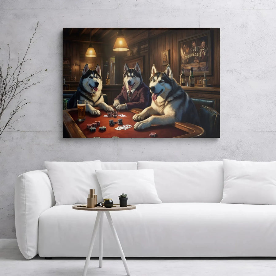 Siberian Husky Poker Canvas Print | Dogs Playing Poker Wall Art | Premium Gallery Wrap Decor | Unique Gift for Dog Lovers & Gamers