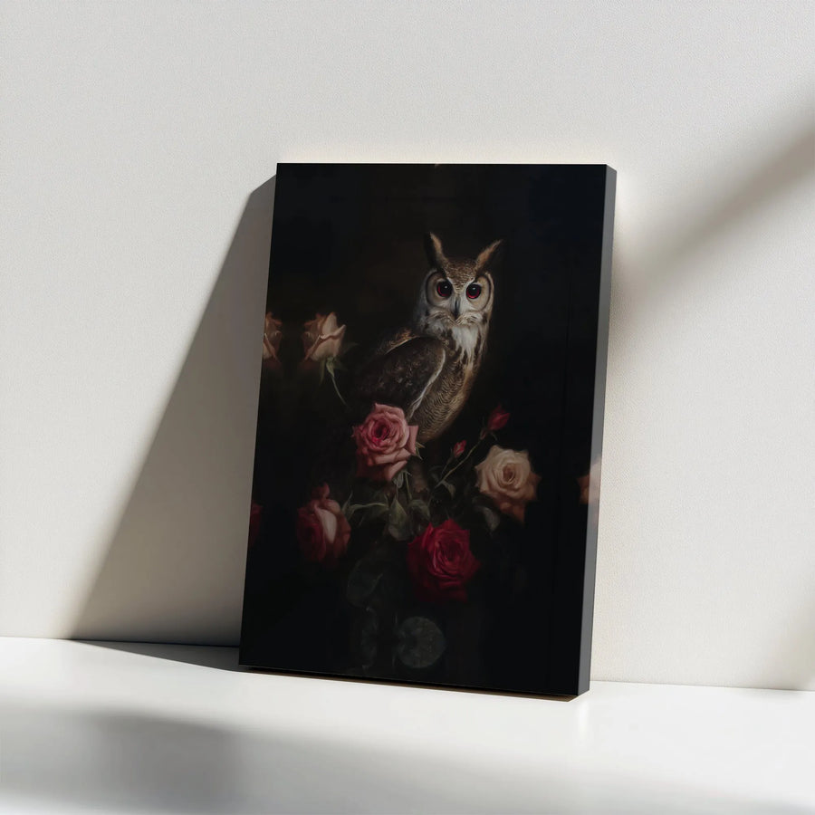 Gothic Owl Canvas Wall Art | Red Eye Bird With Moody Roses Design | 1.25 Inch Premium Gallery Wrap | Dark Academia Home Decor Gift