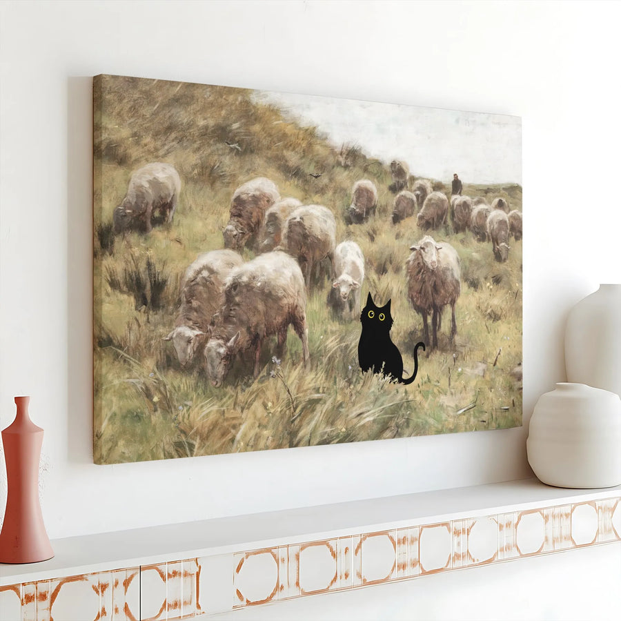 Black Cat Among Sheep Canvas Print | Whimsical Oil Painting Style | Premium Gallery Wrap Wall Art | Unique Farmhouse Decor Gift