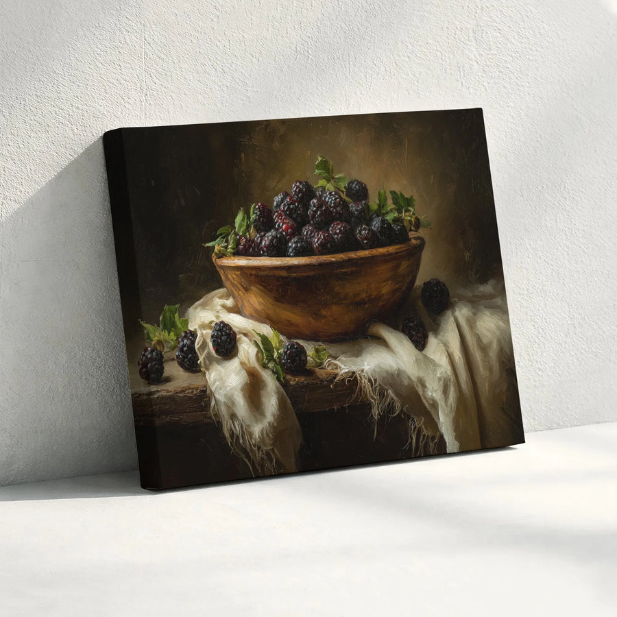 Rustic Blackberry Still Life Canvas Print | Vintage Oil Painting Style | Premium Gallery Wrap | Farmhouse Kitchen Decor Gift