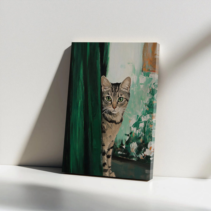 Tabby Cat Wall Art | Peeking Kitten Behind Green Curtain | Gallery Wrapped Premium Canvas | Whimsical Animal Home Decor Gift