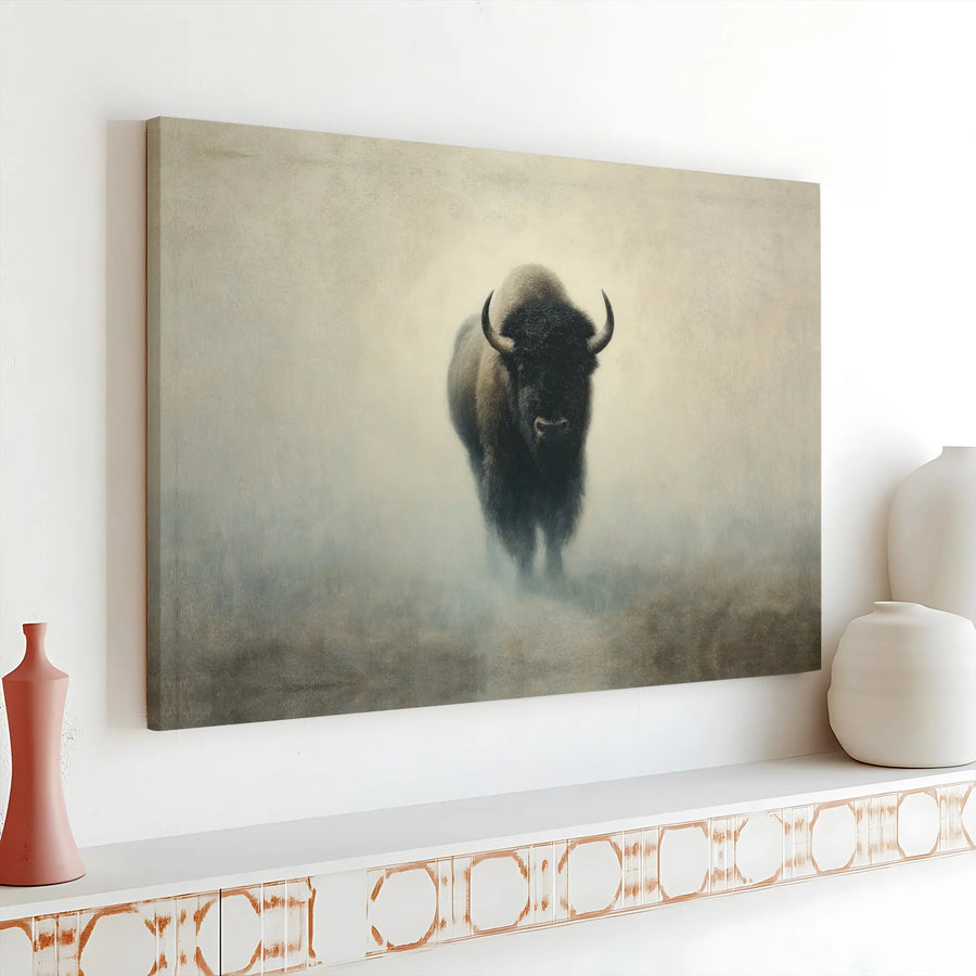 American Bison Canvas Wall Art | Foggy Wildlife Nature Print | 1.25-Inch Gallery Wrap | Premium Decor for Office and Living Room