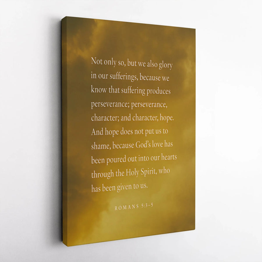 Romans 5:3-5 Bible Verse Canvas Wall Art | Inspirational Scripture Gold Cloud Design | Premium Gallery-Wrap | Christian Home Decor & Religious Gift