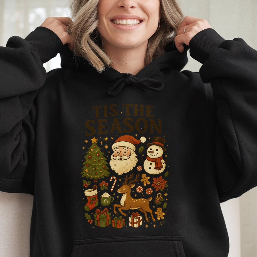 Tis The Season Christmas Hoodie | Retro Santa and Snowman Graphic | Premium Cotton Blend | Cozy Holiday Gift for Women and Men