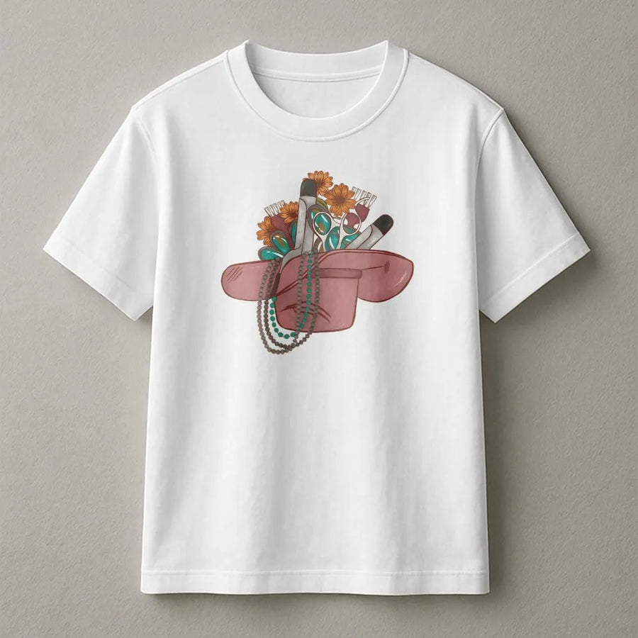 Hairstylist T-Shirt | Western Cowboy Hat Hair Tools Design | Premium Soft Cotton Graphic Tee | Gift for Cosmetologist and Hairdresser