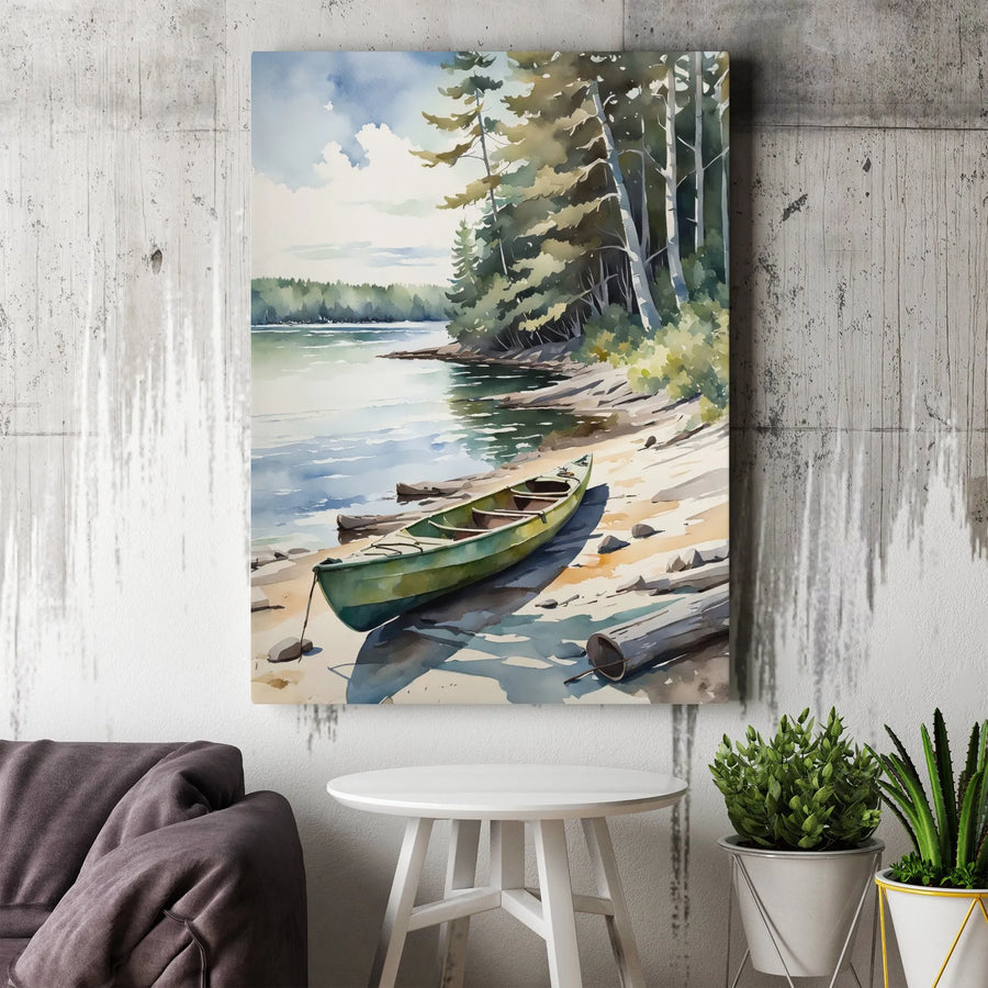 Canoe Lake Canvas Wall Art | Watercolor Landscape Painting | Premium Gallery Wrapped Print | Lake House Cabin Decor Gift for Nature Lover