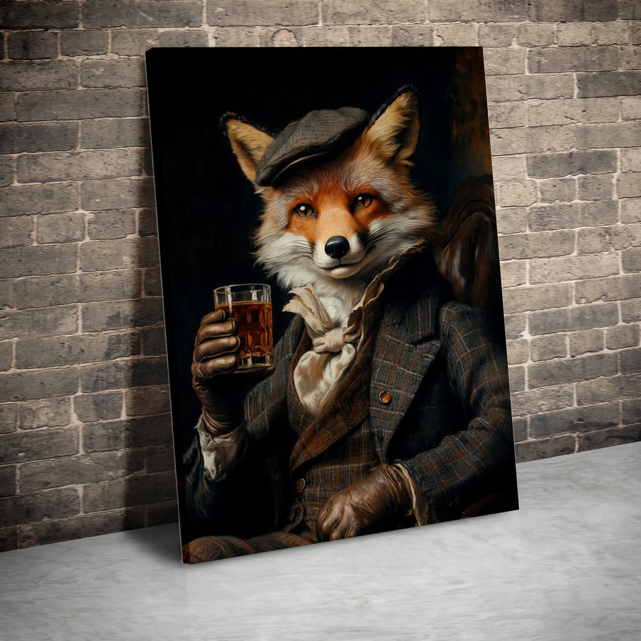 Dapper Fox Wall Art | Gentleman Animal Portrait with Whiskey | Premium 1.25-inch Canvas Print | Unique Office Decor Gift for Him