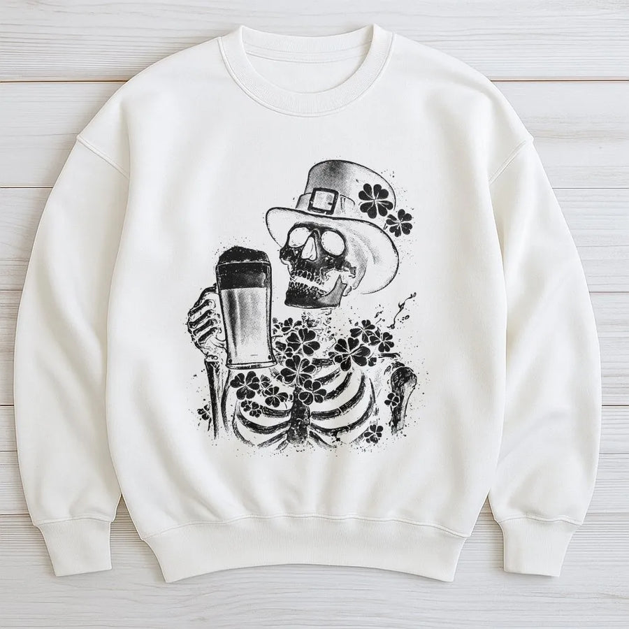 St Patrick’s Day Skeleton Sweatshirt | Funny Irish Beer Drinking Skull Design | Premium Cotton Blend Crewneck | Unisex Holiday Gift for Men and Women
