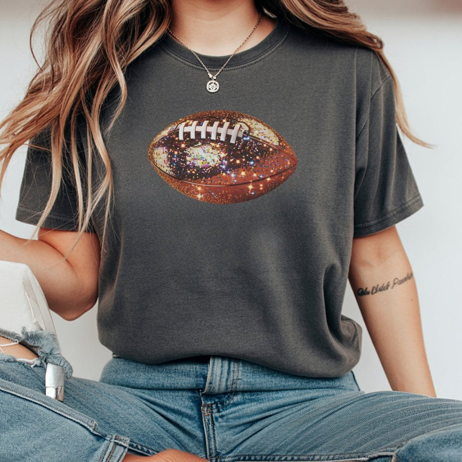 Glitter Football T-Shirt | Sparkly Game Day Graphic Tee | Premium Cotton Comfort Fit | Cute Fall Tailgate Outfit Gift for Women and Football Fans