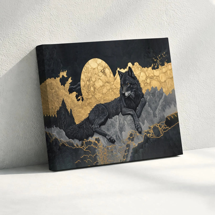 Majestic Black Wolf Canvas Print | Golden Moon & Mountain Landscape | Premium Gallery Wrapped Canvas | Modern Wildlife Home Decor Gift