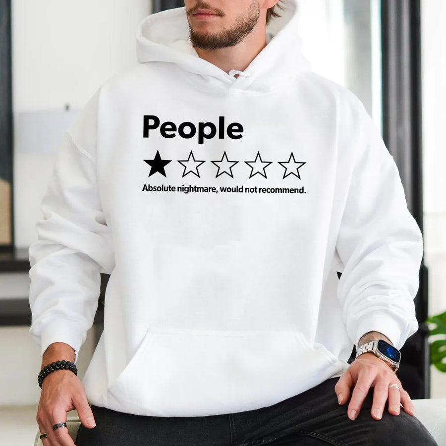 Funny People Review Hoodie | One Star Rating 'Absolute Nightmare' Graphic | Premium Cotton Blend | Sarcastic Gag Gift for Introverts