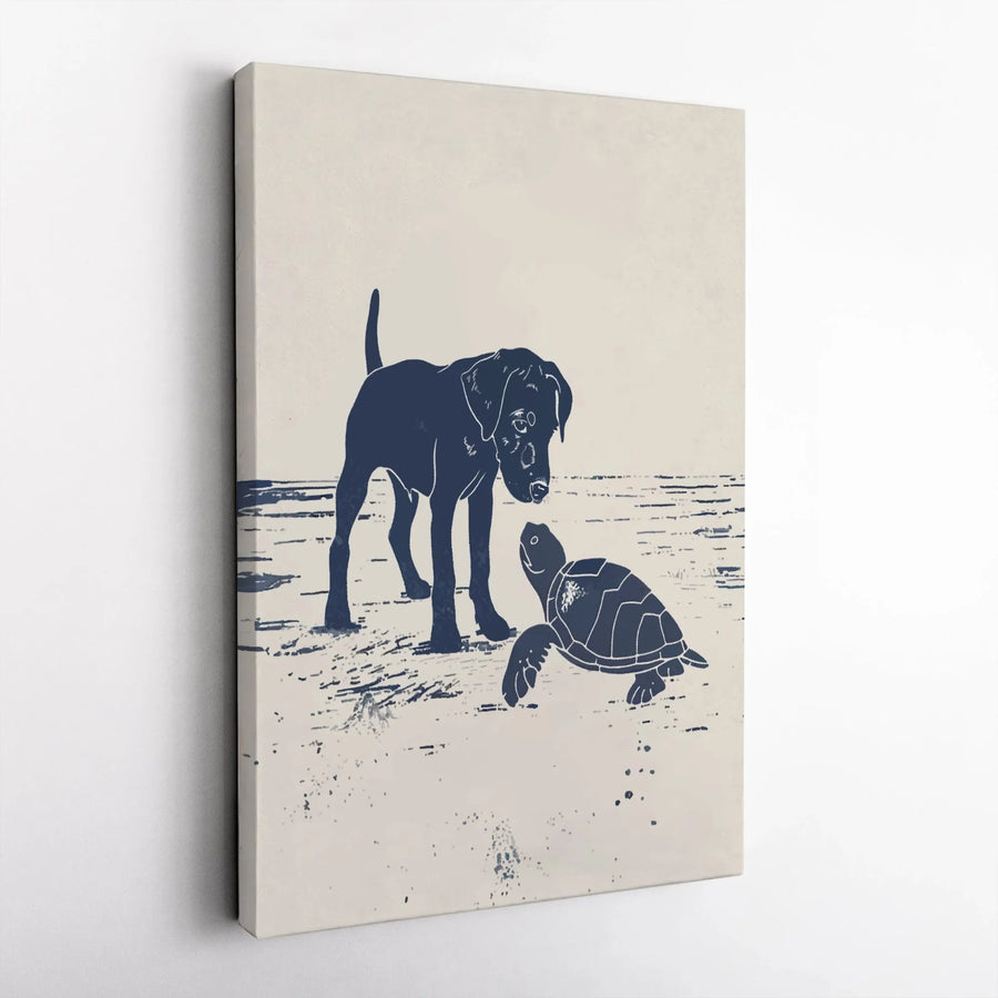 Dog and Sea Turtle Canvas Art | Minimalist Coastal Beach Wall Decor | Gallery-Wrapped Premium Print | Nature Lover Gift Idea