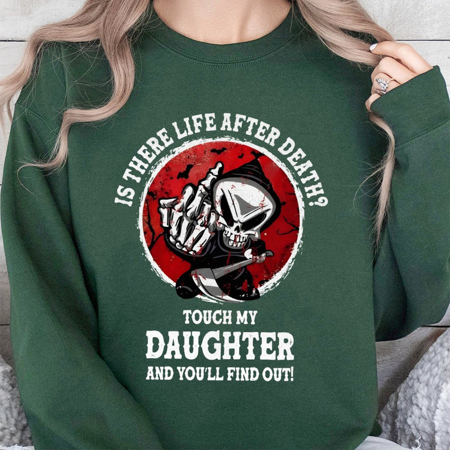 Grim Reaper Sweatshirt | Funny Protective Dad Slogan Graphic | Cotton Blend Unisex Pullover | Gift for Father Birthday