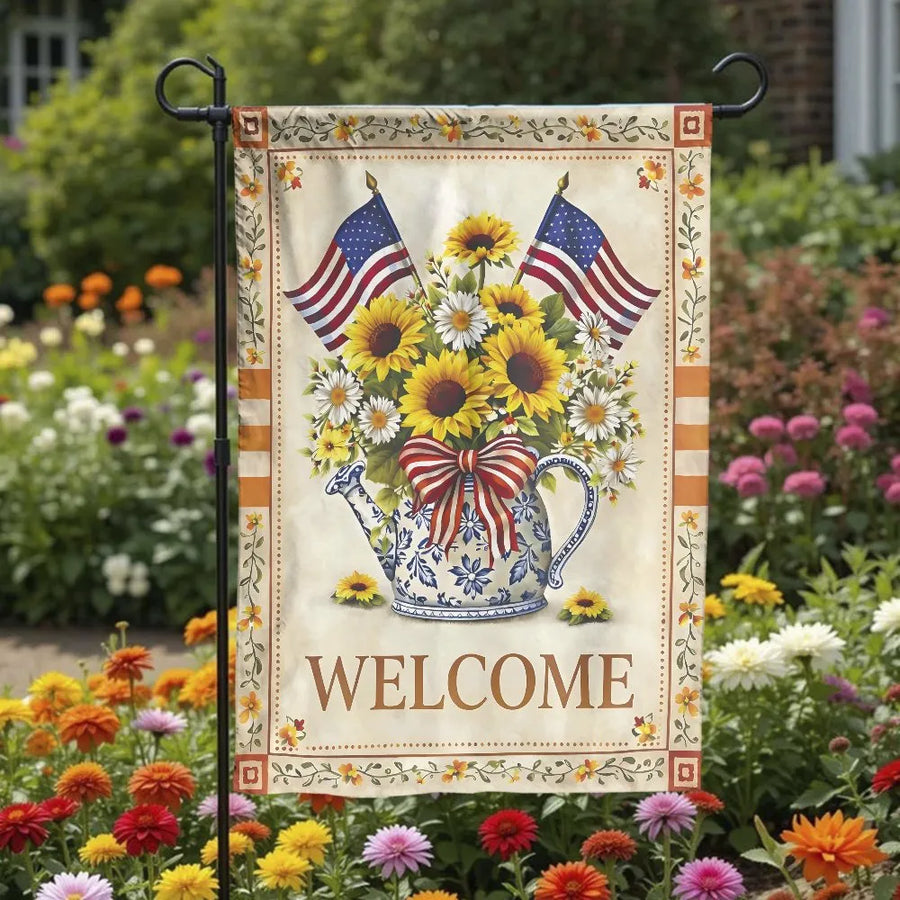 Patriotic Welcome Garden Flag | Sunflower Bouquet with American Flags | Double Sided Weather Resistant Fabric | Outdoor Yard and Porch Decor Gift