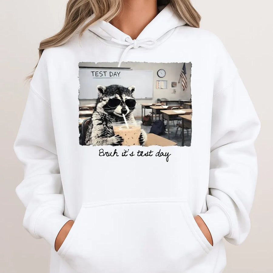 Funny Test Day Hoodie | Raccoon Graphic "Bruh It's Test Day" | Cozy Teacher Crewneck | Student Motivation Gift for Final Exams