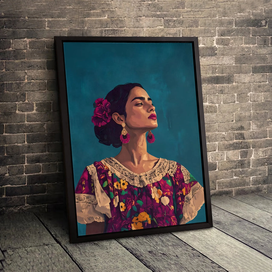 Latina Woman Portrait Canvas Wall Art | Floral Traditional Dress Painting | Premium Gallery Wrap Print | Cultural Home Decor Gift