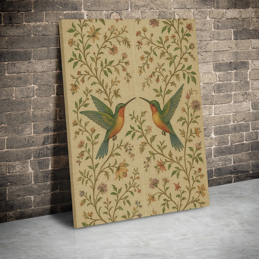 Hummingbird Wall Art Canvas | Vintage Symmetrical Floral Vine Print | Premium Gallery Wrap Decor | Nature Lover Gift Idea