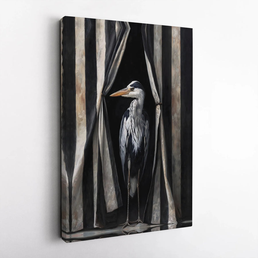 Dramatic Heron Canvas Wall Art | Surreal Bird Painting with Striped Curtains | Premium Gallery Quality Print | Unique Home Decor Collector's Gift