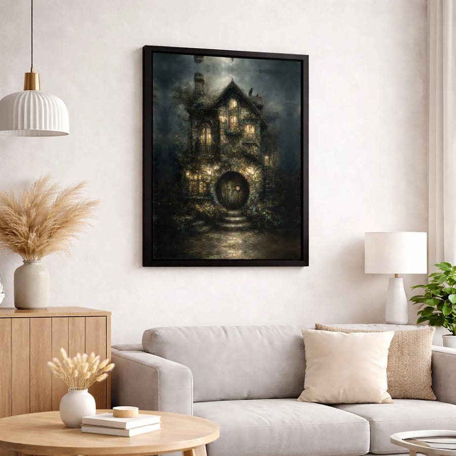 Enchanted Fantasy Cottage Canvas Wall Art | Dark Academia Raven Cottagecore Decor | Premium Gallery Wrap Print | Whimsical Home Gift