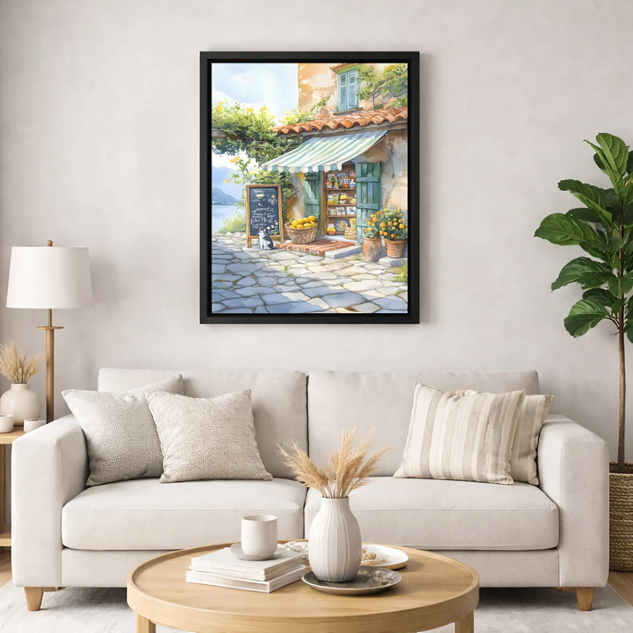 Italian Amalfi Coast Wall Art | Watercolor Lemon Shop Canvas | Premium Gallery Wrapped Print | Mediterranean Decor Gift