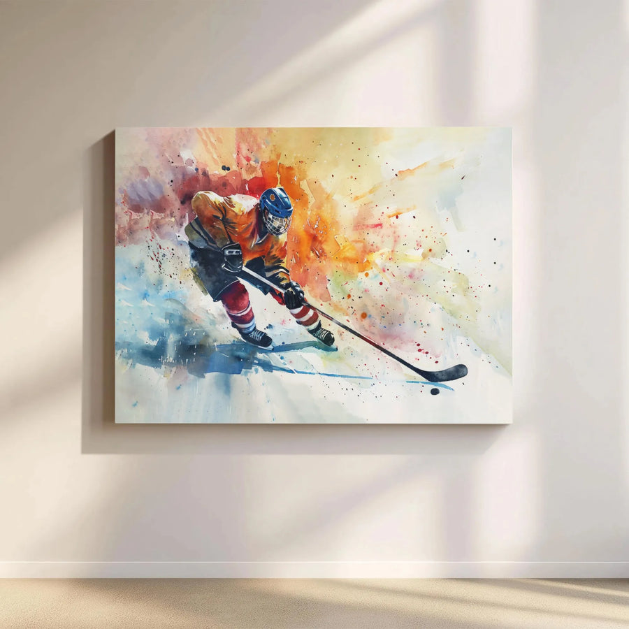 Ice Hockey Player Wall Art | Abstract Watercolor Sports Poster | Gallery-Quality 1.25” Thick Canvas | Gift for Hockey Fan or Man Cave Decor