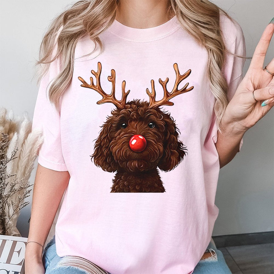 Chocolate Doodle Reindeer T-Shirt | Funny Holiday Dog Lover Graphic | Premium 100% Cotton Tee | Xmas Gift For Doodle Mom And Dad