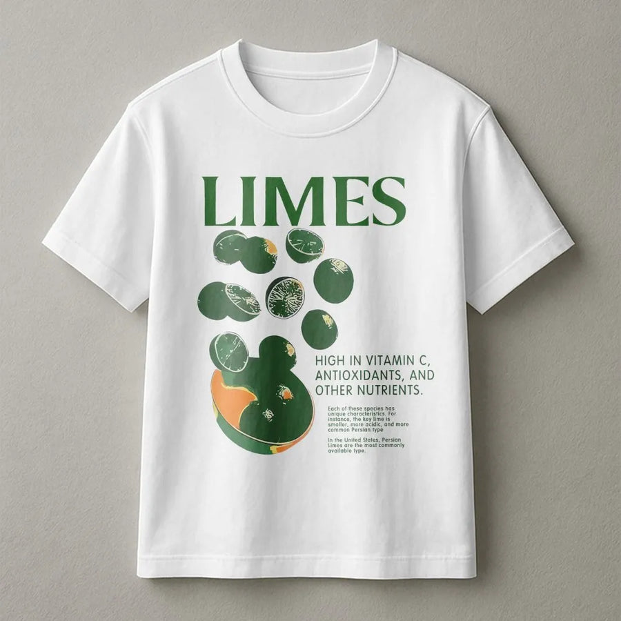 Limes Fruit T-Shirt | Botanical Retro Graphic Print | Premium Soft Cotton | Vegetarian Foodie Gift for Men and Women