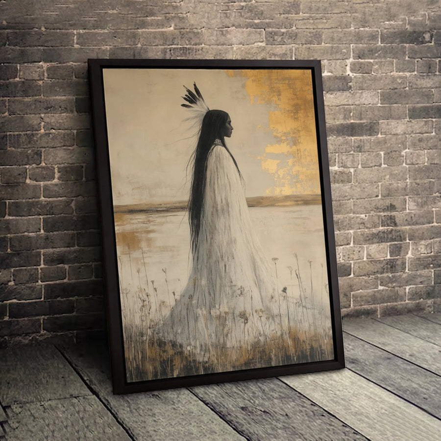 Native American Woman Portrait Canvas | Elegant Gold Leaf Aesthetic Art | Gallery-Quality 1.25-Inch Profile | Premium Wall Decor Gift