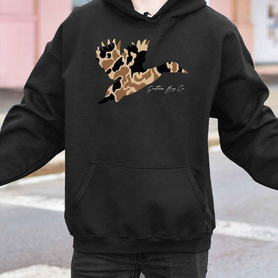 Camo Duck Graphic Hoodie | Flying Mallard Bird Silhouette | Premium Cotton-Blend Sweatshirt | Country Style Gift For Men And Women