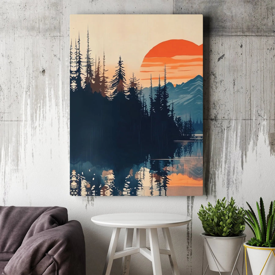 Mountain Sunset Canvas Wall Art | Minimalist Pine Tree Forest & Lake Scene | Premium Gallery Wrap Print | Modern Cabin Decor Gift for Nature Lover