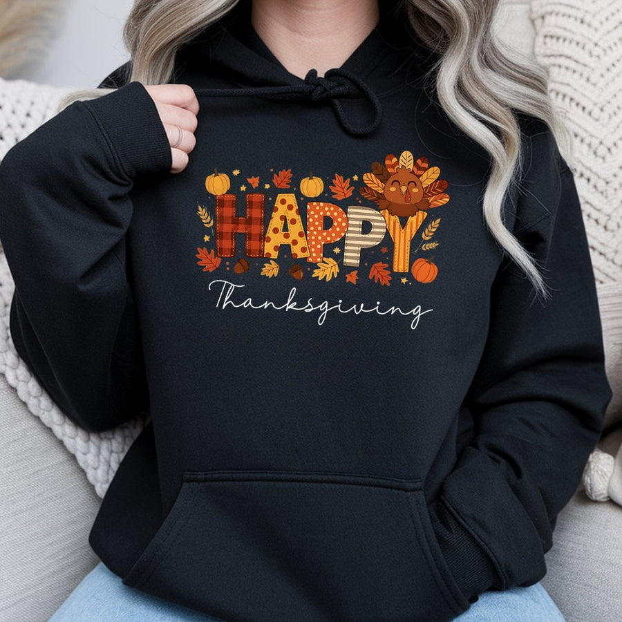 Happy Thanksgiving Hoodie | Cute Turkey Fall Graphic | Premium Cotton Blend | Unisex Holiday Gift for Women and Men