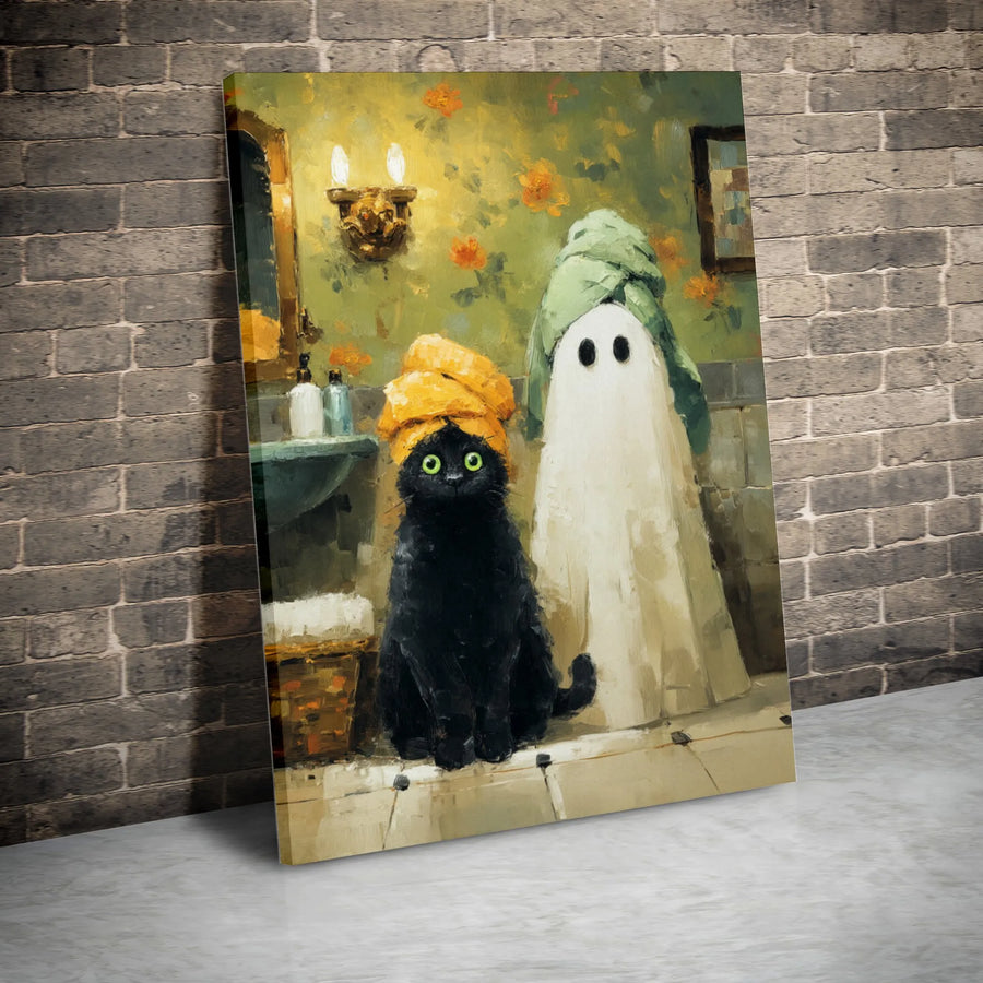 Black Cat and Ghost Canvas Art | Funny Bathroom Wall Decor | Premium Fade-Resistant Print | Quirky Spooky Home Gift for Cat Lovers